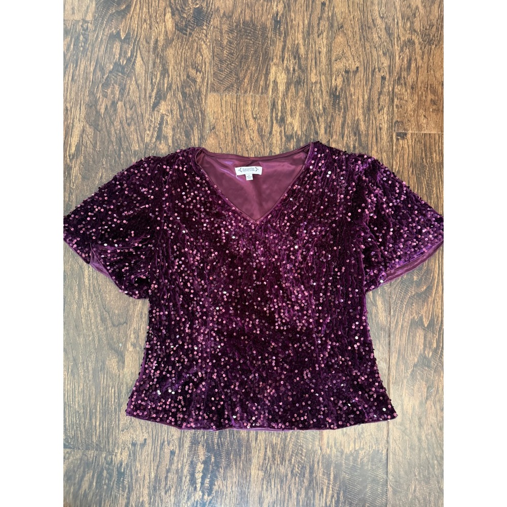 Nanette Lepore Purple Velvet Sequin V-Neck Flutter Sleeve Top Medium